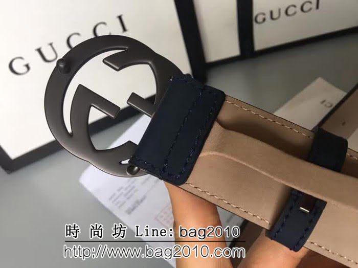 古馳CUCCI 雙面頭層 高級亞面牛皮 絲綢面料 純銅噴漆扣男士皮帶 GHG1120